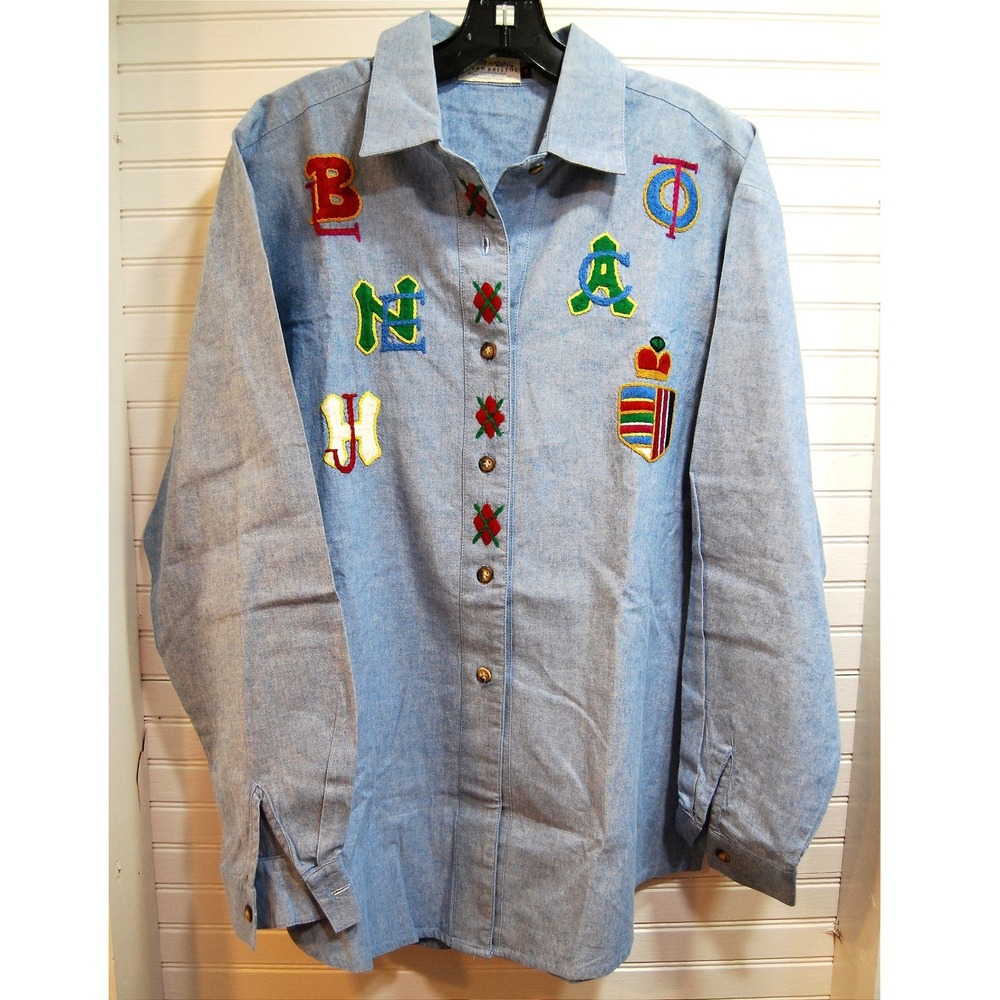 Vintage Susan Bristol denim shirt‎ XL Size 14 Hand-Embroidered 1993 Jean top